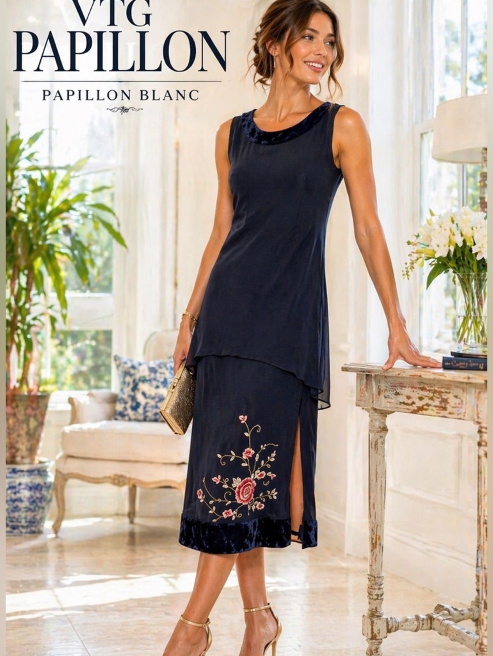 Papillon Blanc Y2K Embroidered Dress Velvet Trim Draped Layered Romantic Size S